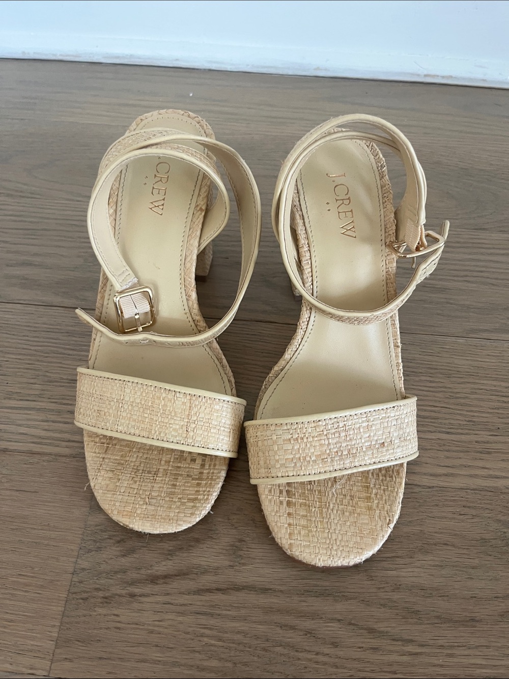 J. Crew Cream Woven Ankle-Strap Sandals with Gold Buckles